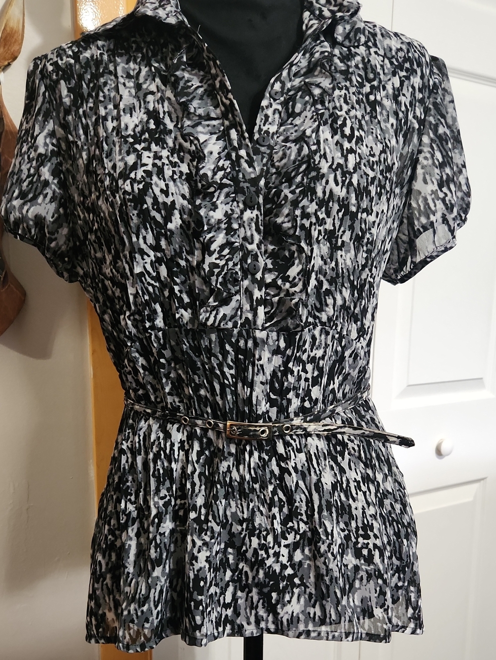 Bay Studio Black and White Printed Ruffled Peplum Blouse